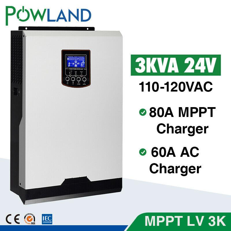110V Solar Inverter 3Kva 2400W Off Grid 24V 120V 80A MPPT Pure Sine Wave 60A AC